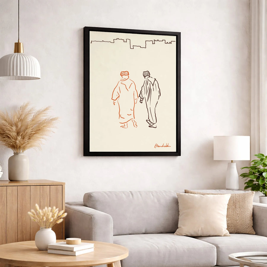 Minimalist Couple Line Art Canvas | City Skyline Sketch Portrait | Gallery-Wrapped Premium Print | Romantic Modern Home Decor Gift