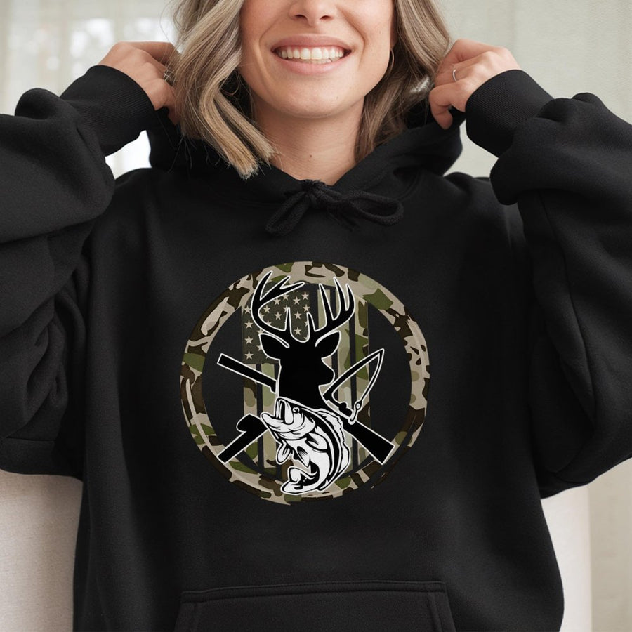 Outdoorsman Hoodie | Deer Fishing Hunting Graphic | Premium Cotton Blend | Gift for Hunter and Angler