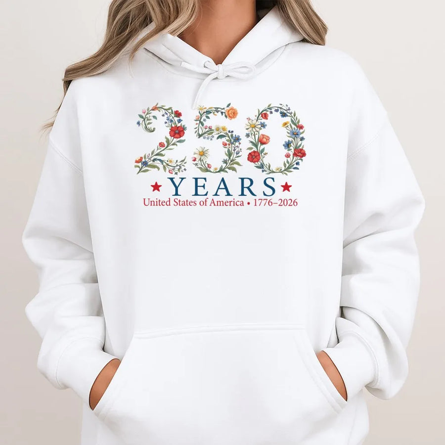 USA 250th Anniversary Hoodie | Floral Botanical 1776-2026 Design | Premium Unisex Crewneck | Patriotic History Buff Gift
