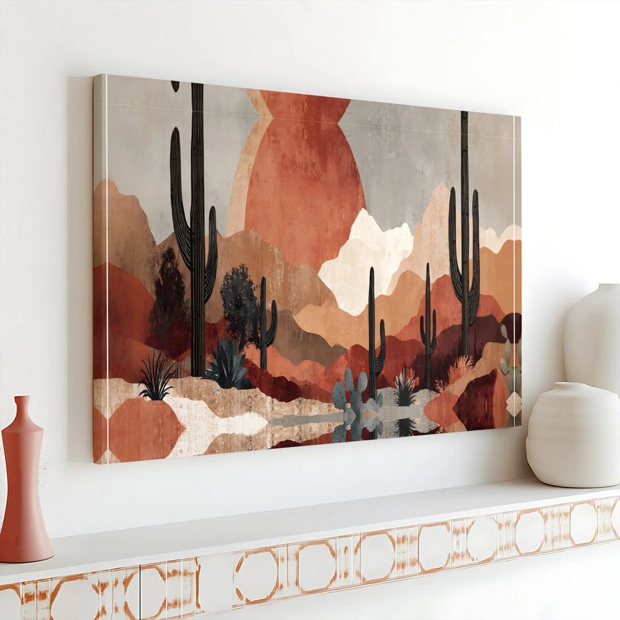 Boho Desert Canvas Wall Art | Abstract Saguaro Cactus & Sun Print | Premium Thick Gallery Canvas | Southwestern Living Room Decor Gift