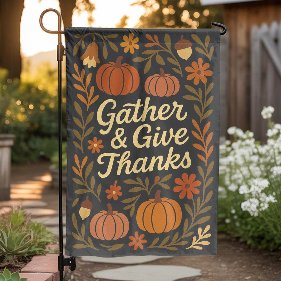 Gather And Give Thanks Garden Flag | Autumn Pumpkin Floral Outdoor Banner | Durable Polyester Yard Decor | Thanksgiving Seasonal Holiday Gift