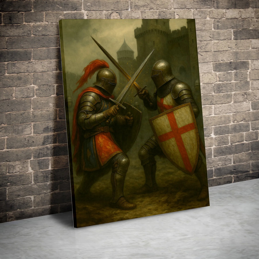 Medieval Knight Wall Art | Epic Sword Duel Oil Painting Style | Premium 1.25-Inch Gallery Canvas | Historic Fantasy Home Decor Gift
