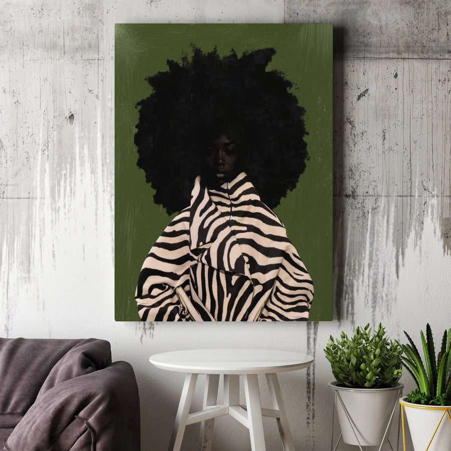 Black Woman Afro Art Canvas | Zebra Print Fashion Portrait | Premium Thick Gallery Canvas | Afrocentric Living Room Wall Decor