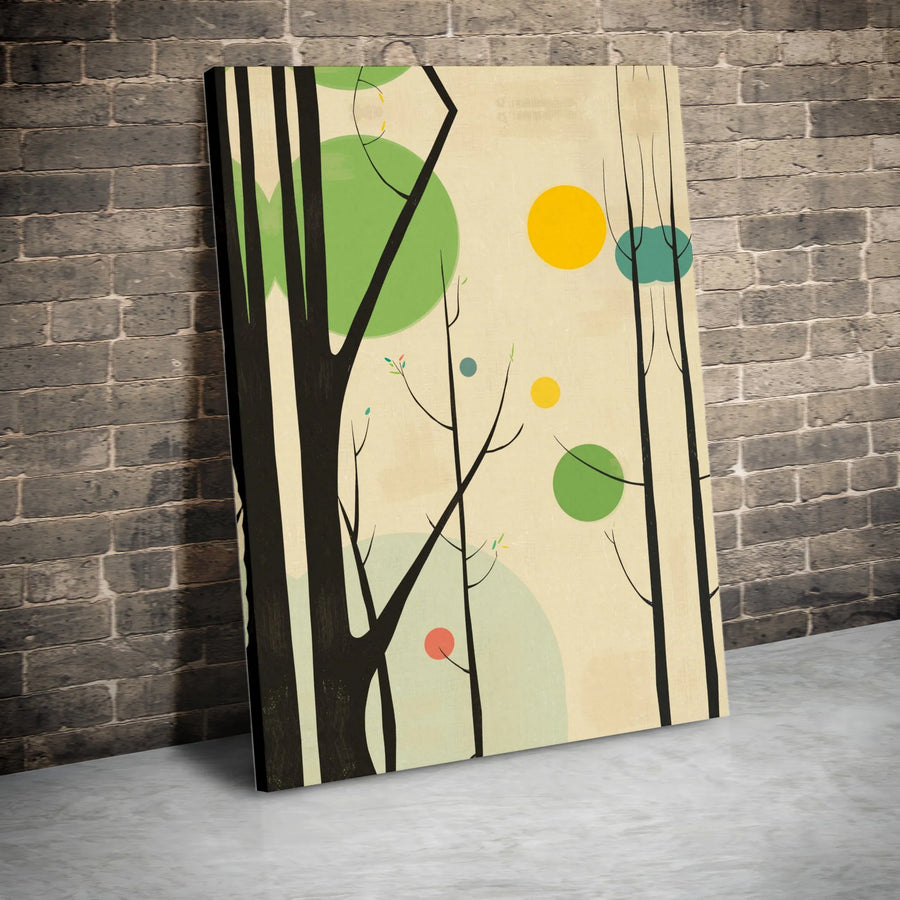 Mid-Century Modern Forest Vertical Canvas | Retro Geometric Tree & Sun Art | Premium 1.25 Inch Gallery Wrap | Minimalist Living Room Wall Decor Gift