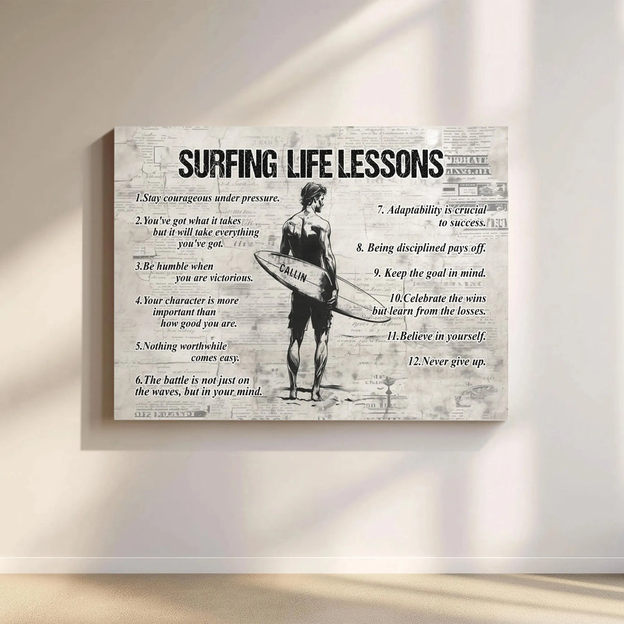 Surfing Life Lessons Horizontal Canvas | Inspirational Surfer Rules Wall Decor | Premium 1.25" Gallery Wrap | Coastal Motivational Gift for Surfers, Beach House Art