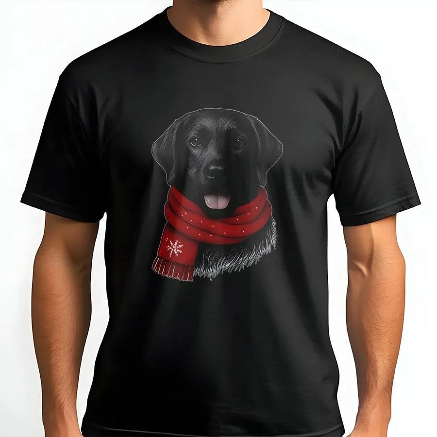 Black Labrador Christmas T-Shirt | Cute Dog In Red Scarf Design | Premium 100% Cotton Apparel | Festive Holiday Gift For Dog Lovers