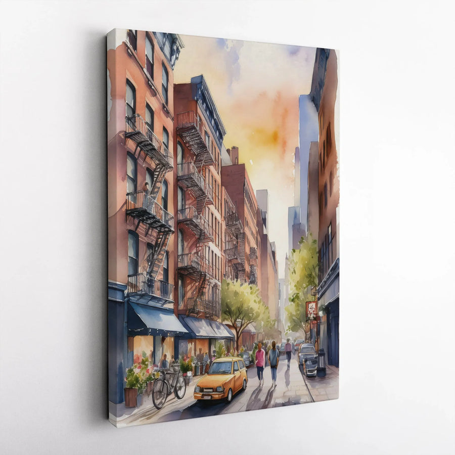 New York Cityscape Vertical Canvas | Watercolor Brownstone Street Scene Art | Premium Gallery Wrapped Print | Urban Home Decor Gift for NYC Lover