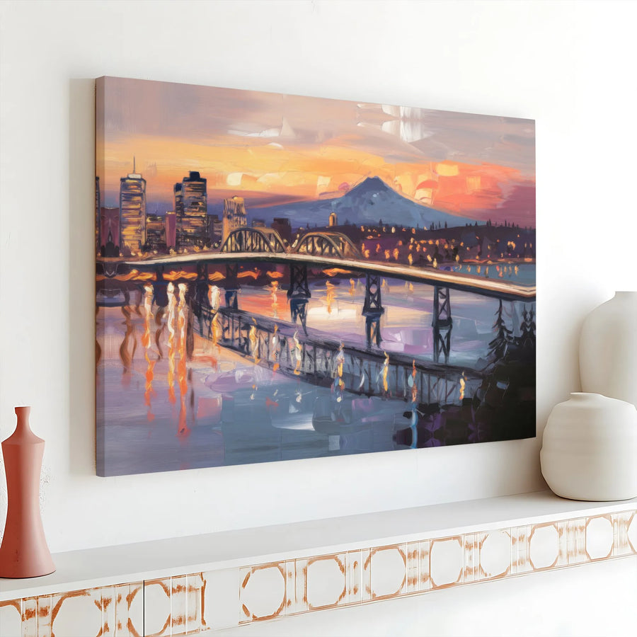 Portland Oregon Cityscape Canvas | Impressionist Mt Hood Sunset View | Premium Fade-Resistant Print | Pacific Northwest Wall Decor Gift