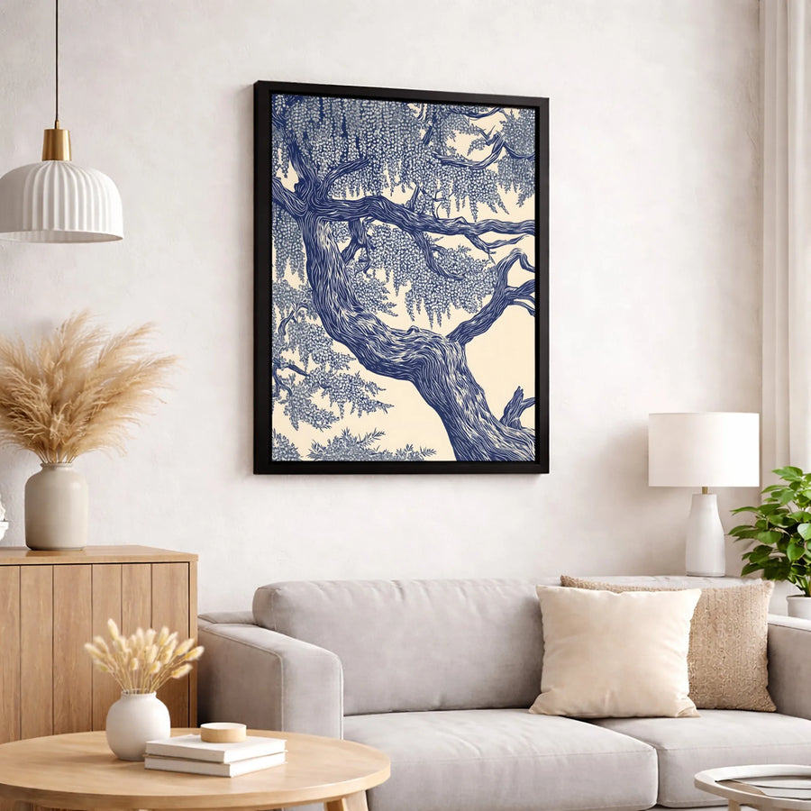 Blue Wisteria Tree Canvas Print | Botanical Linocut Illustration | Gallery Wrapped 1.25 Inch Profile | Elegant Home Office Decor Gift
