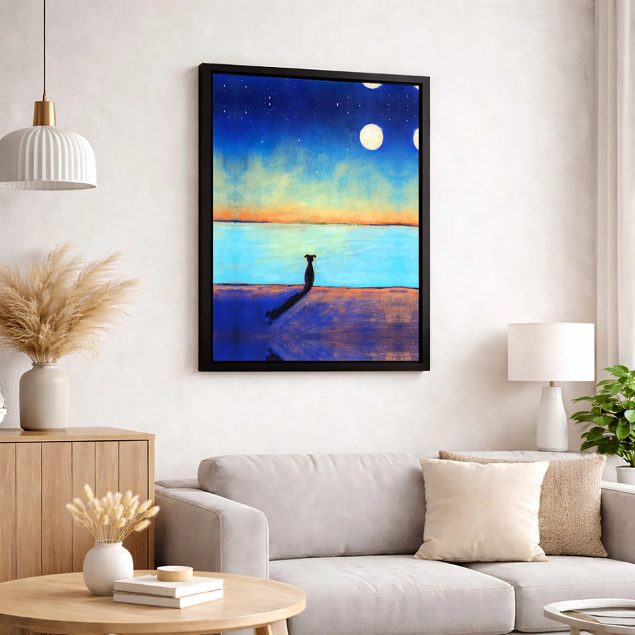 Abstract Dog Canvas Print | Night Sky Moon Over Sea Wall Art | Premium 1.25 Inch Gallery Wrap | Gift For Dog Lovers & Modern Home Decor