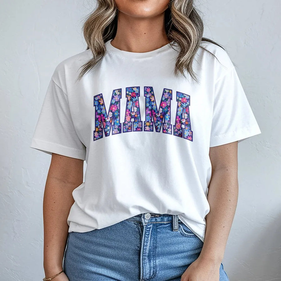 Mama Floral T-Shirt | Retro Varsity Letters with Flower Print | Soft Cotton Blend Sweatshirt | Mothers Day Gift for Women