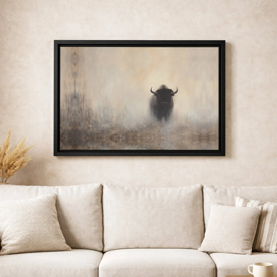 Misty Bison Canvas Wall Art | Atmospheric Wildlife Landscape Print | Premium Gallery-Wrapped Decor | Nature Lover Living Room Gift