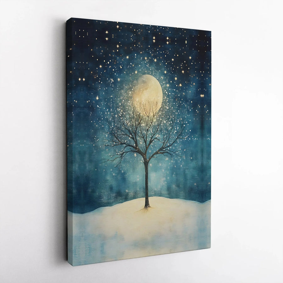 Winter Moon Canvas Wall Art | Magical Starry Night Tree Print | Premium Gallery-Wrapped Decor | Whimsical Holiday Home Gift for Nature Lovers