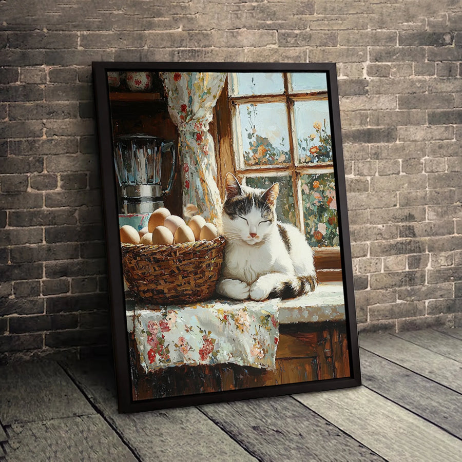 Sleeping Cat Canvas Art | Rustic Farmhouse Kitchen Decor | High-Quality Fade-Resistant Print | Cozy Cottagecore Gift for Cat Lovers
