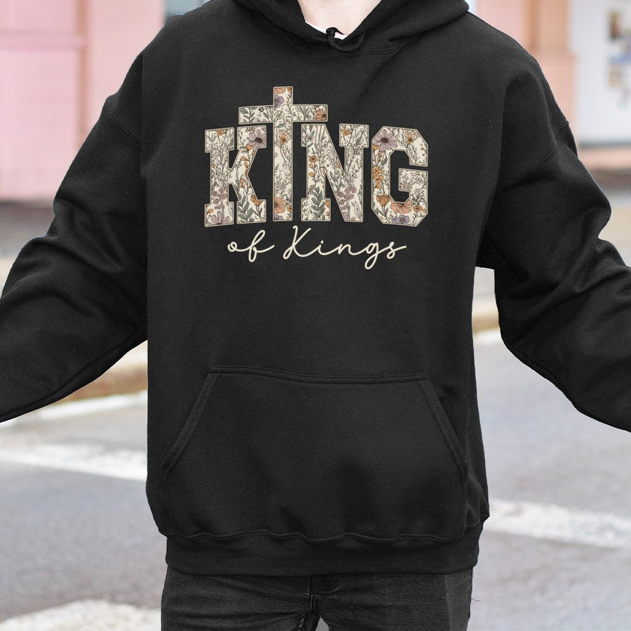 King Of Kings Jesus Hoodie | Floral Cross Religious Graphic | Premium Cotton Blend Sweatshirt | Christian Gift For Her & Him