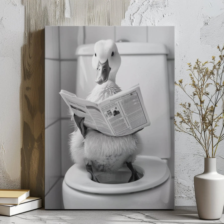 Funny Duck Reading Newspaper Canvas | Bathroom Humor Wall Art | Premium Gallery Wrap Print | Whimsical Farmhouse Decor for Restroom