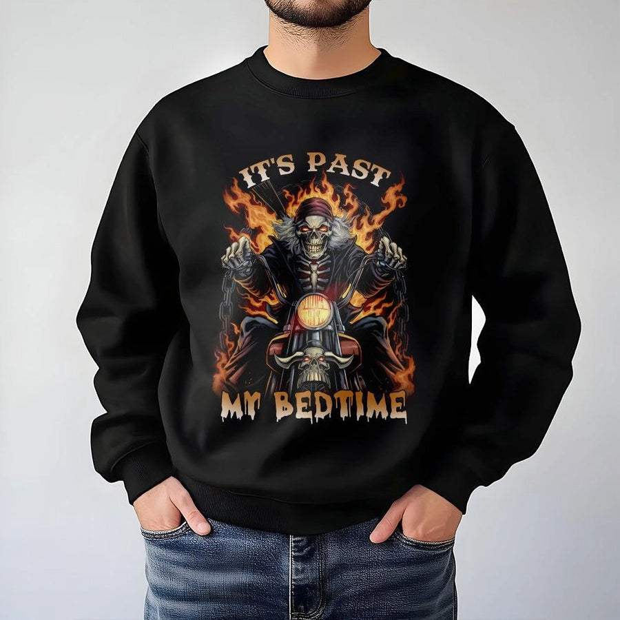 It's Past My Bedtime Biker Sweatshirt | Flaming Skeleton Graphic Design | Cotton-Poly Premium Blend | Edgy Gift For Motorcycle Lovers