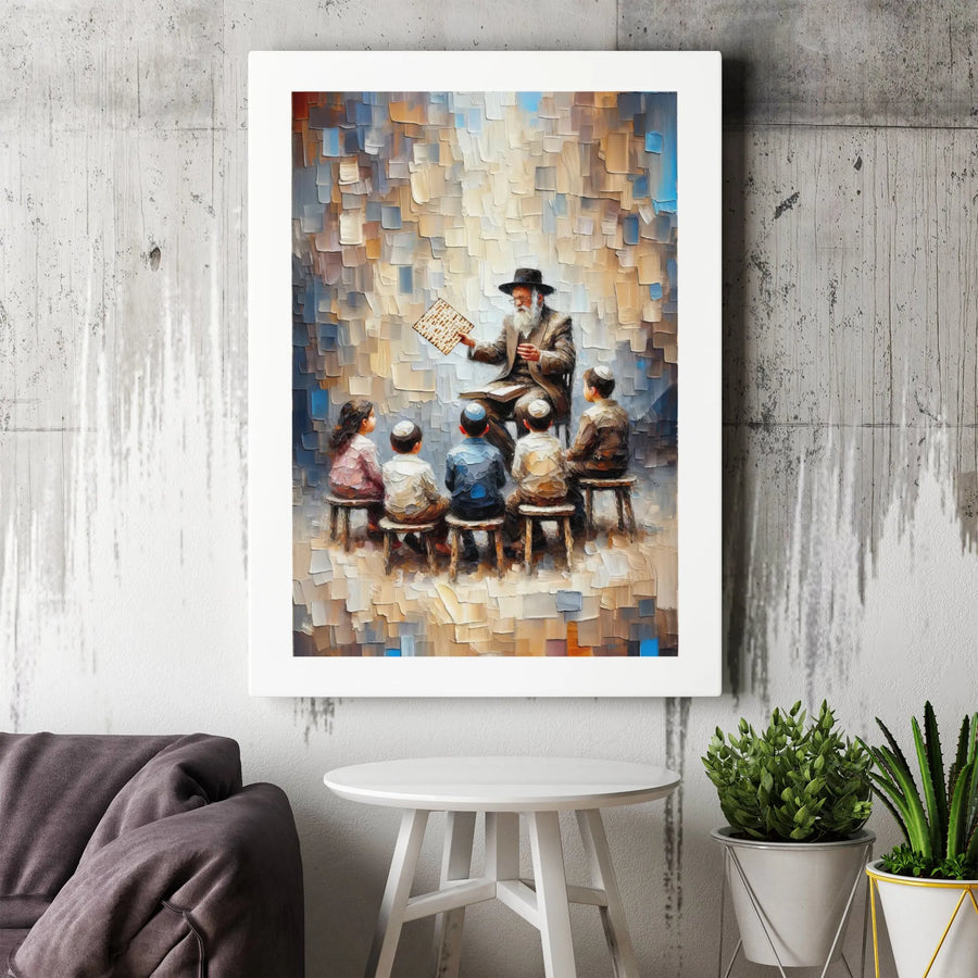 Passover Rabbi Teaching Children Canvas | Impressionist Matzah Painting | Premium 1.25-Inch Gallery Wrap | Jewish Home Decor and Religious Gift