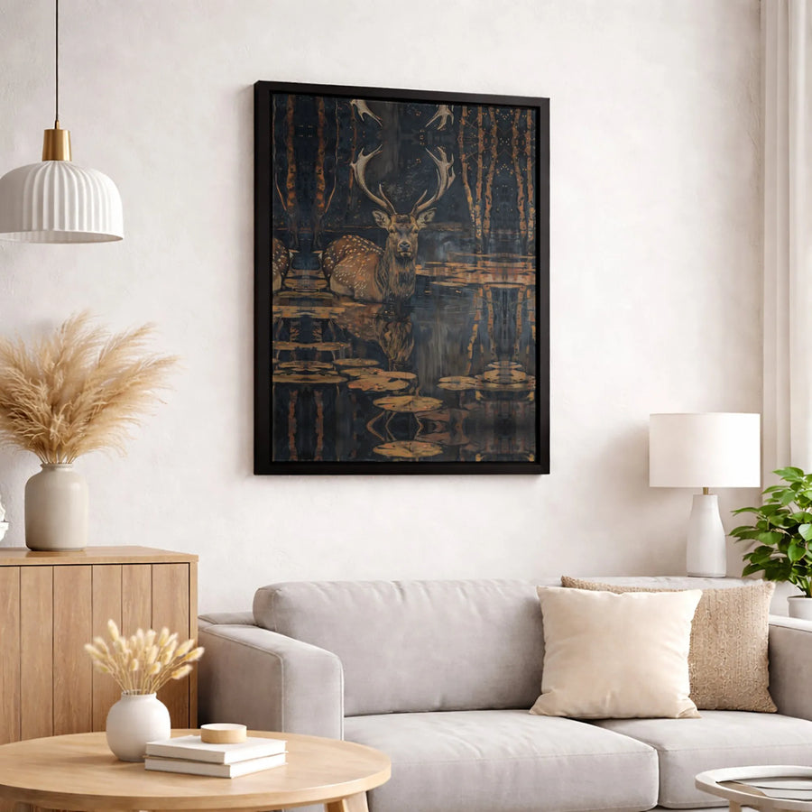 Stag Deer Wall Art Canvas | Moody Forest Pond Reflection Print | Gallery-Quality Premium Decor | Nature Lover Living Room Gift