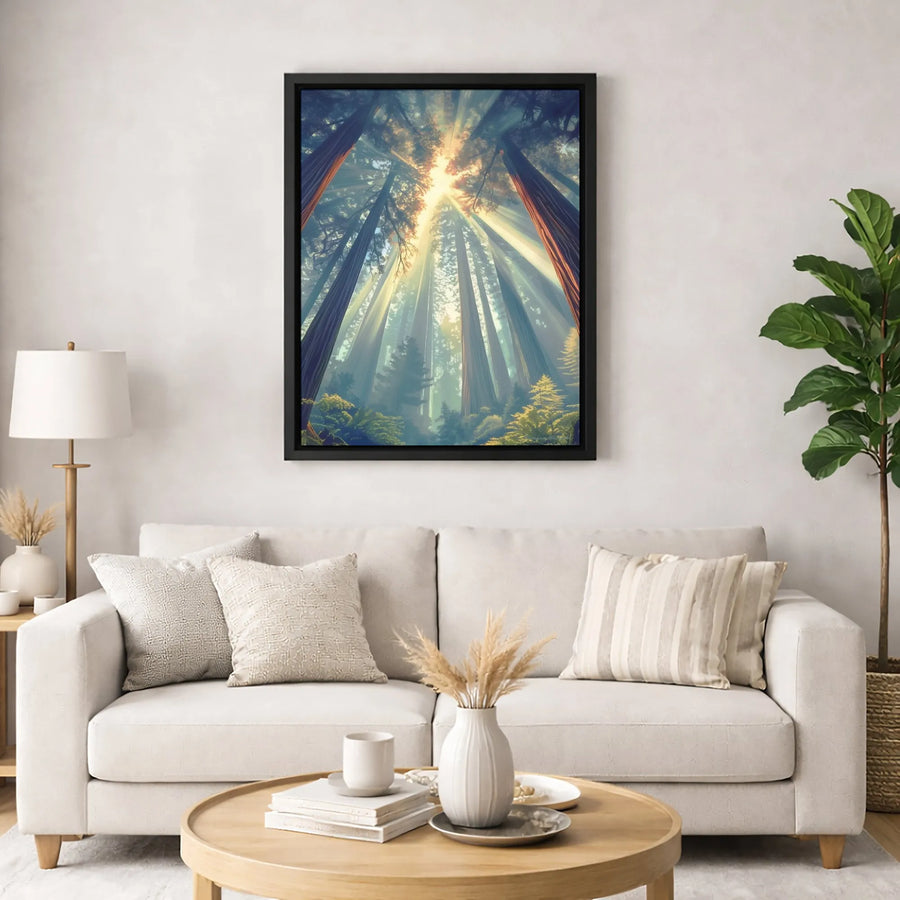 Redwood Forest Canvas Print | Sun Rays Through Tall Trees | Gallery-Wrapped Premium Wall Art | Nature Decor for Home or Office Gift
