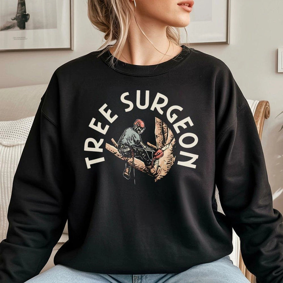 Tree Surgeon Sweatshirt | Chainsaw Arborist Graphic Design | Premium Cotton Blend | Gift For Tree Climber, Landscaper, Forestry Worker
