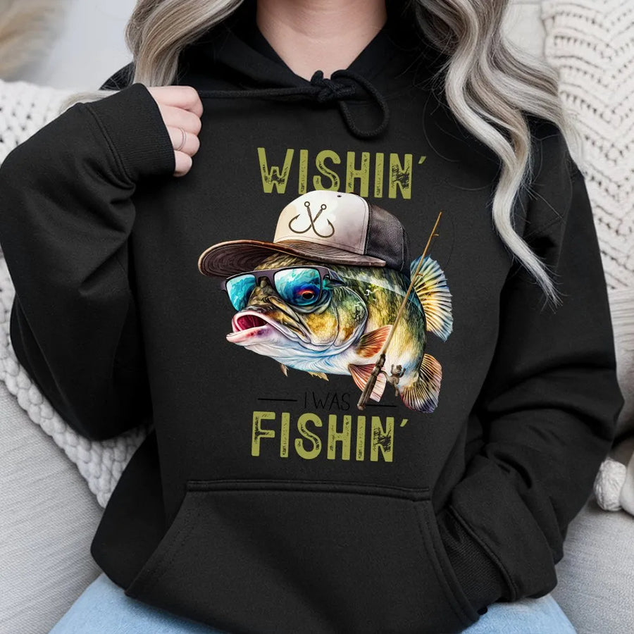 Wishin' I Was Fishin' Hoodie | Cool Bass Graphic with Sunglasses | Premium Cotton Blend | Funny Fishing Gift for Men and Women