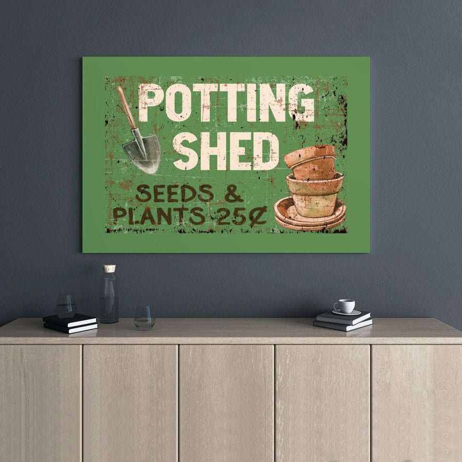 Potting Shed Wall Art | Vintage Garden Sign with Trowel and Pots | Premium Gallery Wrapped Canvas | Rustic Farmhouse Decor for Gardener Gift