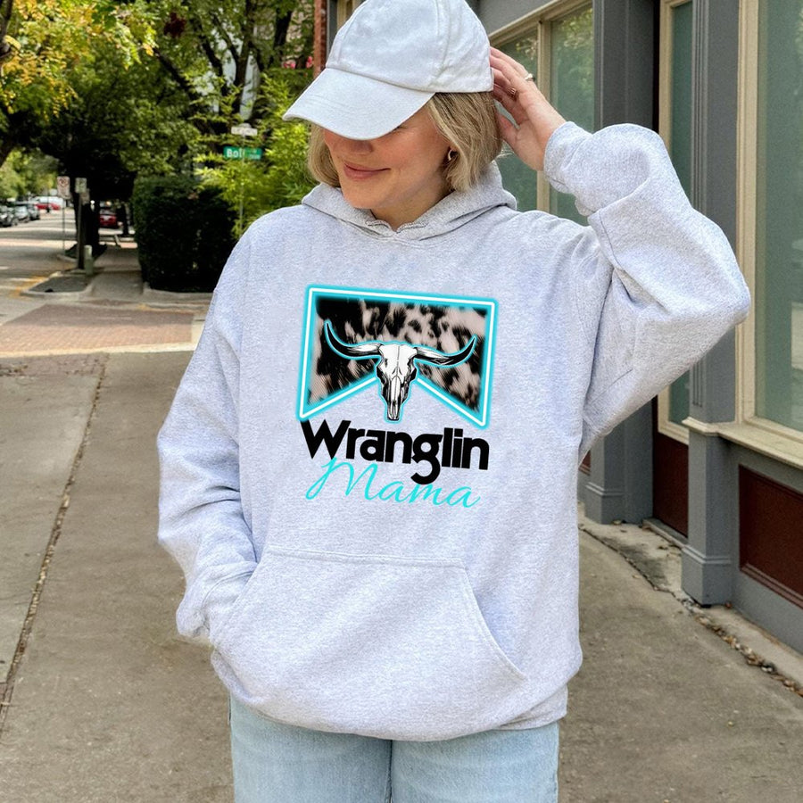 Wranglin' Mama Graphic Hoodie | Western Cowgirl Bull Skull Design | Premium Cotton-Poly Blend | Cute Country Mom Gift For Her
