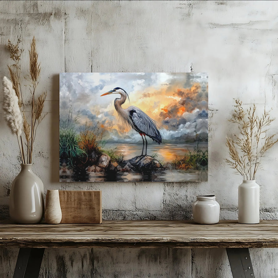 Great Blue Heron Canvas Wall Art | Watercolor Bird Painting at Sunset | Premium Matte Canvas Print | Coastal Home Decor Gift for Bird Watcher