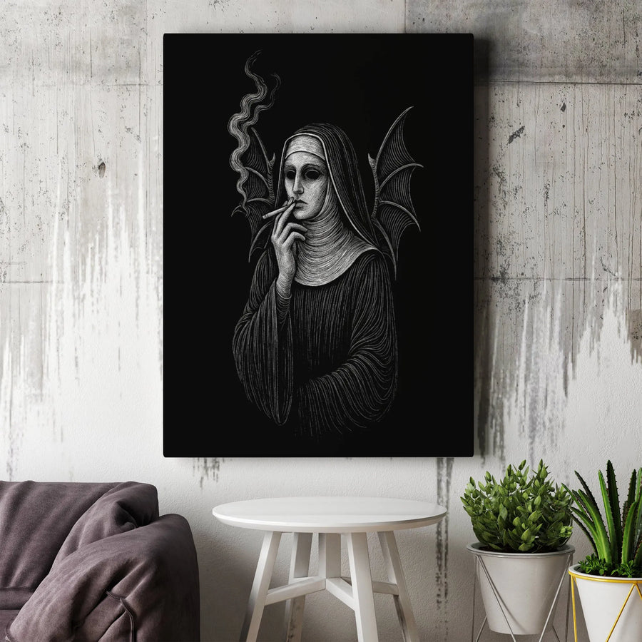 Smoking Nun Canvas Print | Gothic Demon Wings Wall Art | Gallery Wrapped Premium Decor | Dark Academia Gift for Occult Lovers