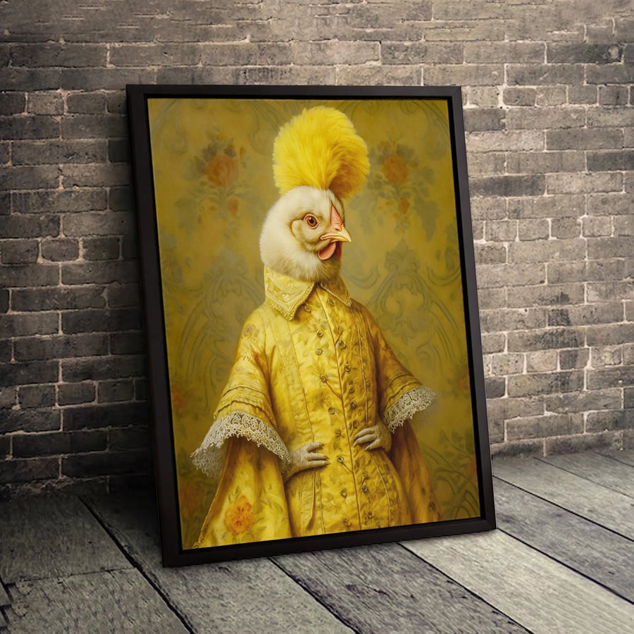 Anthropomorphic Chicken Canvas Art | Regal Polish Chicken in Yellow Coat | Premium Gallery-Wrap Wall Decor | Whimsical Animal Portrait Gift