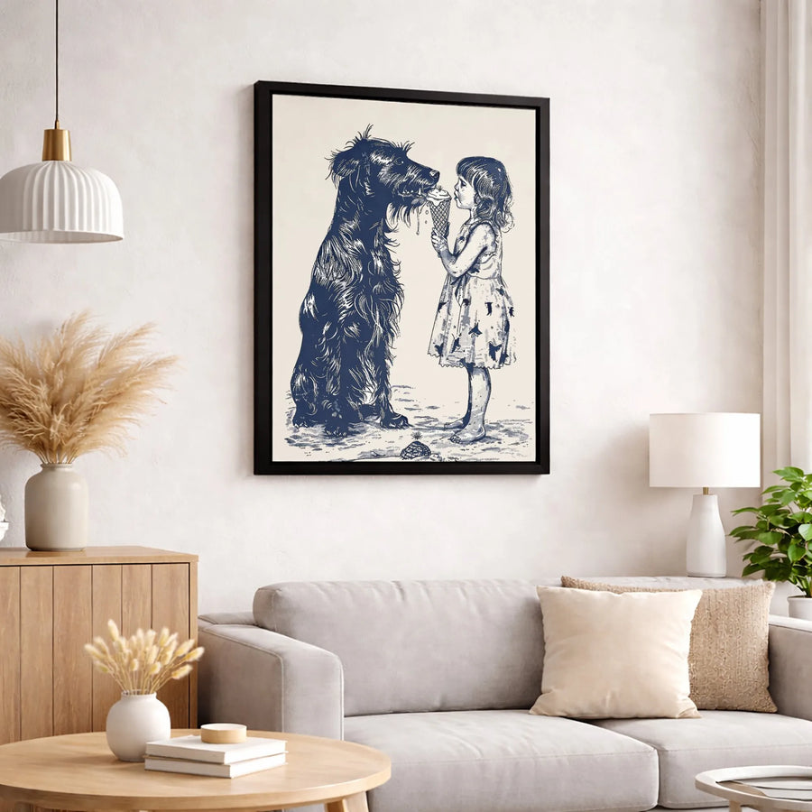 Vintage Dog and Girl Canvas Art | Sharing Ice Cream Illustration Print | Gallery Quality 1.25" Canvas Wall Decor | Heartwarming Gift for Dog Lovers