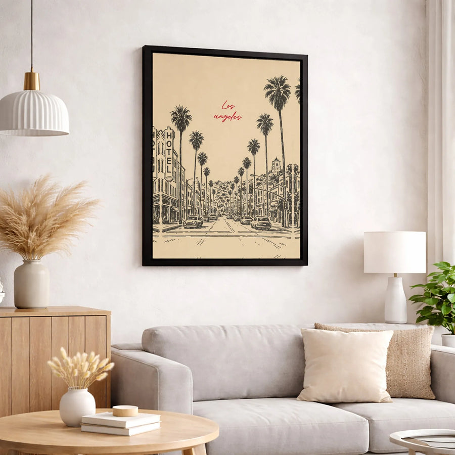 Los Angeles Wall Art | Vintage Palm Tree Cityscape Sketch | Gallery Wrapped Premium Canvas | California Travel Decor Gift