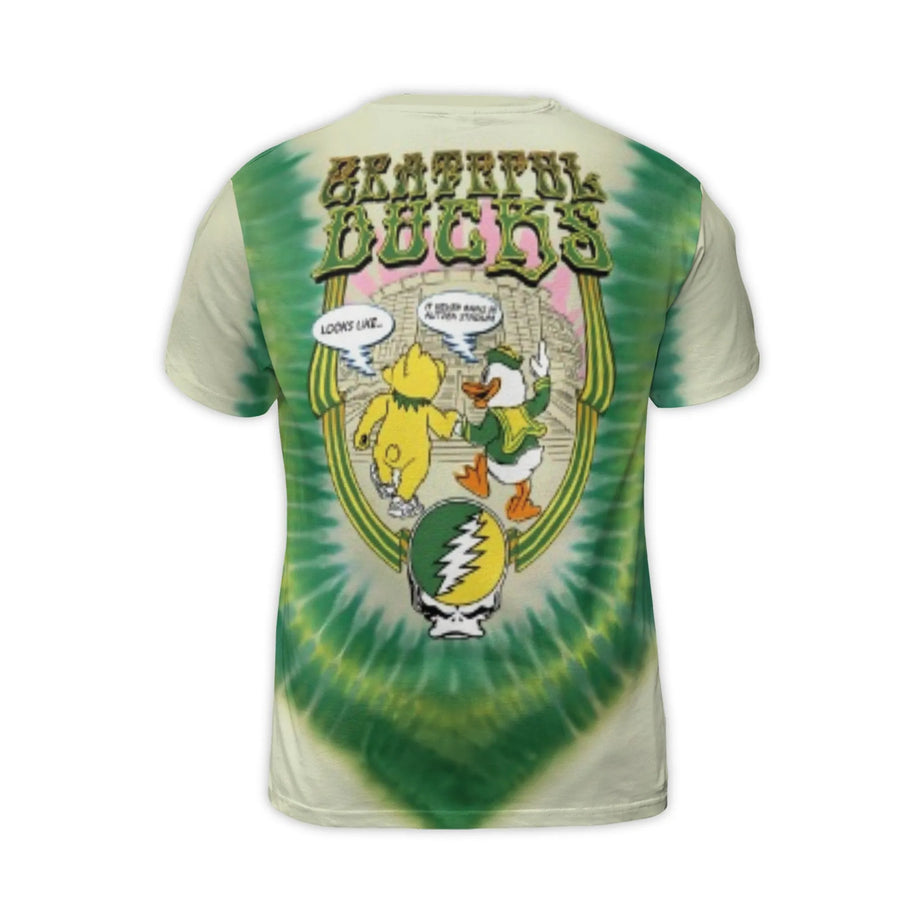 Grateful Ducks It Never Rains In Autzen Stadium Oregon Bear And Duck Mascot Tie-Dye 3D T Shirt