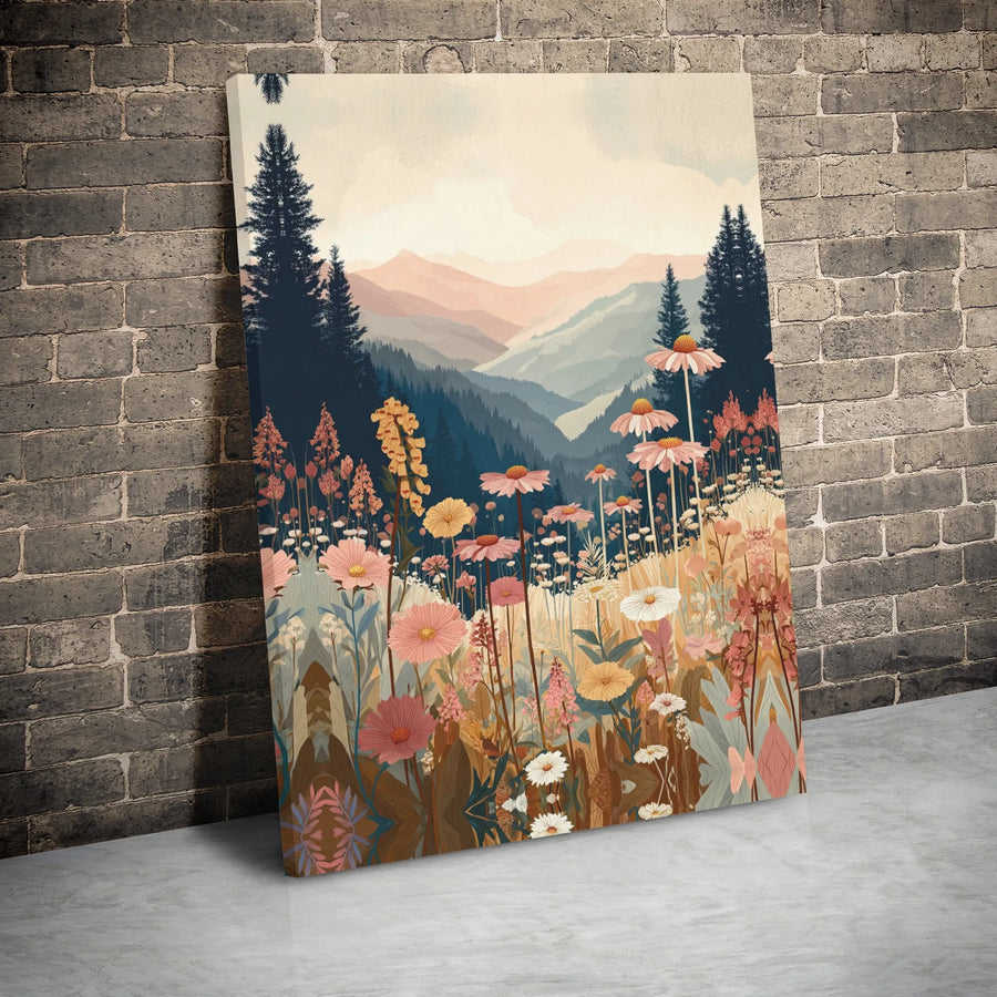 Wildflower Meadow Canvas Print | Mountain Landscape Wall Art | Gallery Wrapped Premium Decor | Boho Floral Nature Scenery for Home Office Gift