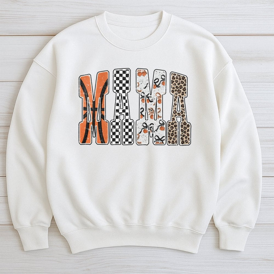 Basketball Mama Sweatshirt | Retro Checkered Leopard Print Design | Premium Cotton-Poly Blend | Cozy Game Day Gift for Sports Moms