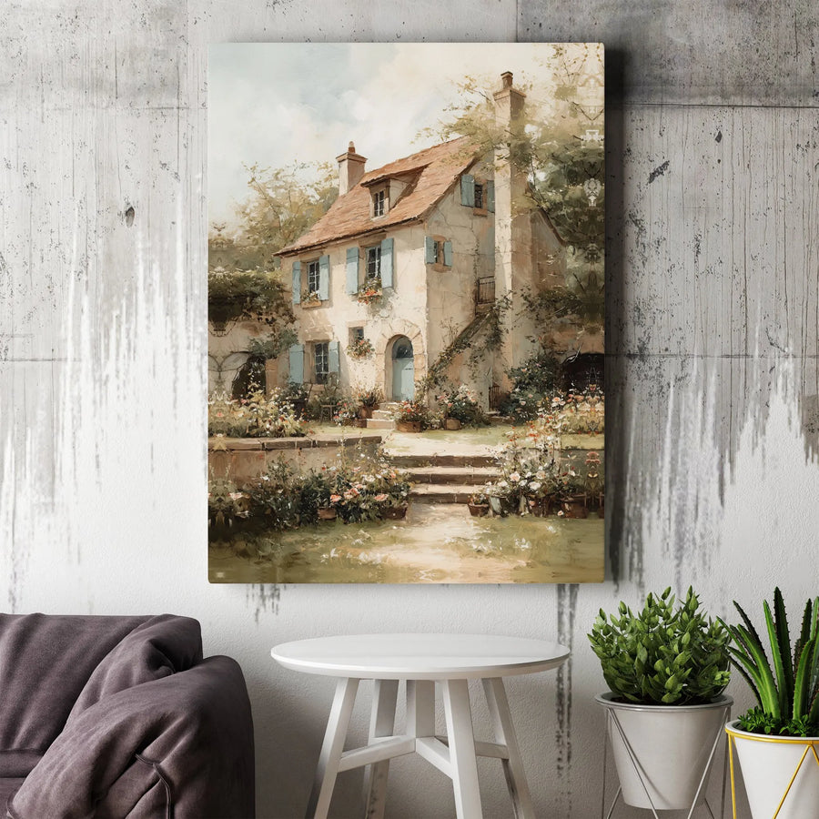 French Country Cottage Wall Art | Vintage Garden Landscape Canvas | Premium Gallery Wrap Print | Housewarming Gift for Home Decor