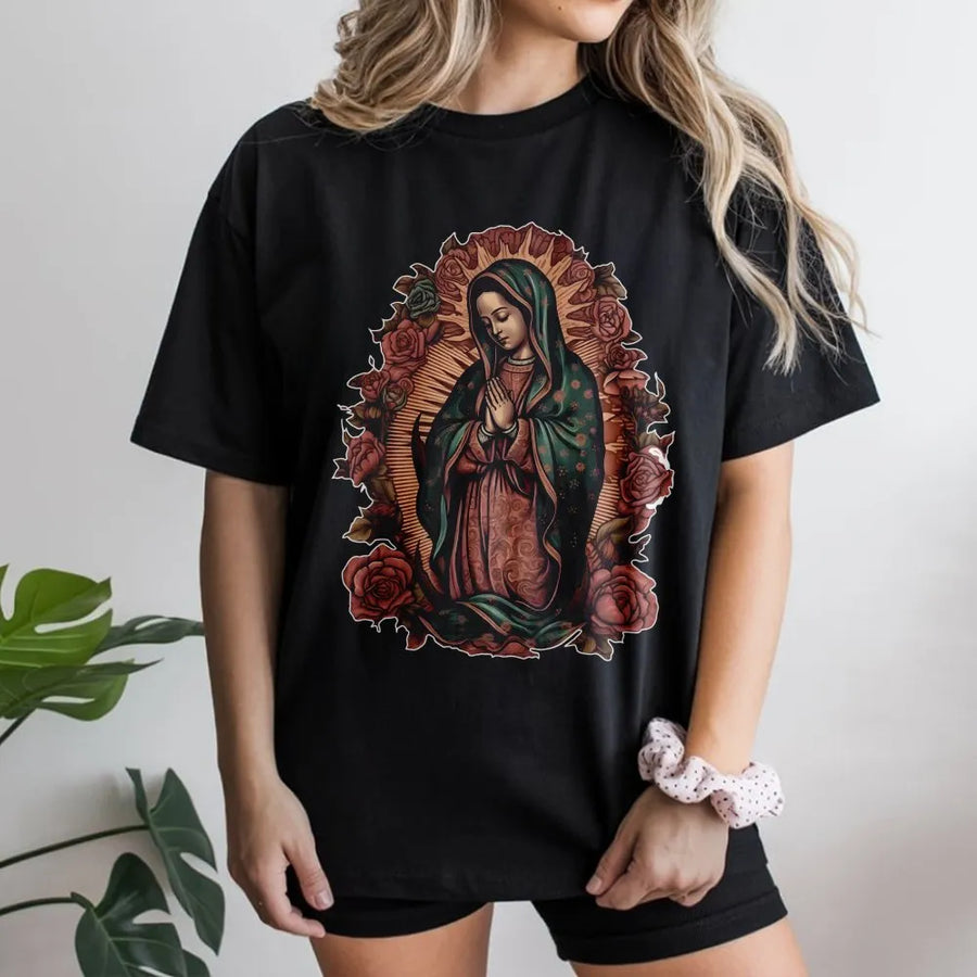 Virgen De Guadalupe T-Shirt | Floral Virgin Mary Religious Art | Premium 100% Cotton Tee | Catholic Faith Gift For Men And Women
