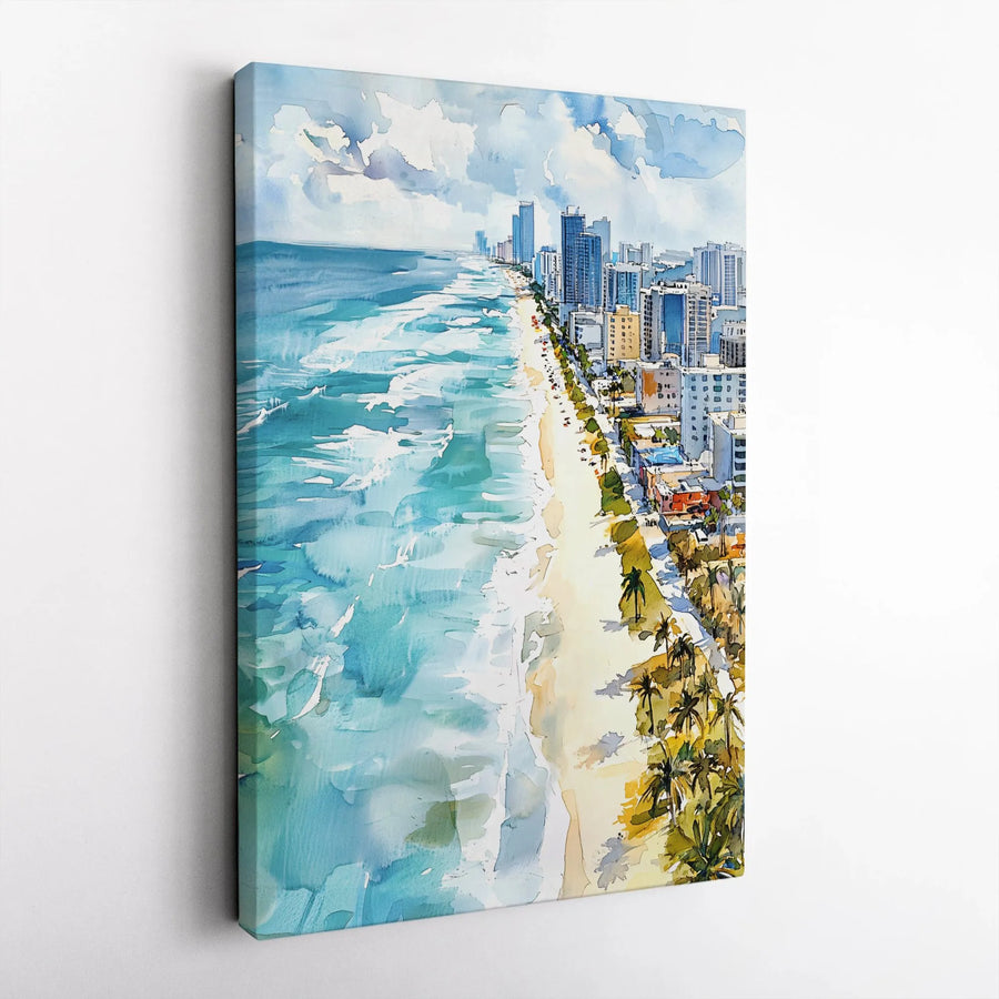 Miami Beach Canvas Wall Art | Watercolor Cityscape Painting | Premium Gallery Wrapped Print | Living Room Decor & Beach House Gift