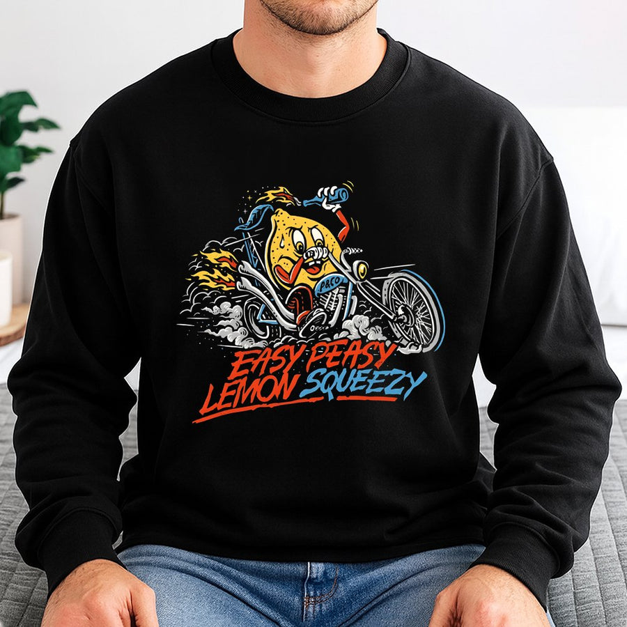 Easy Peasy Lemon Squeezy Sweatshirt | Funny Motorcycle Lemon Graphic | Premium Cotton Blend Crewneck | Retro Biker Gift for Men and Women