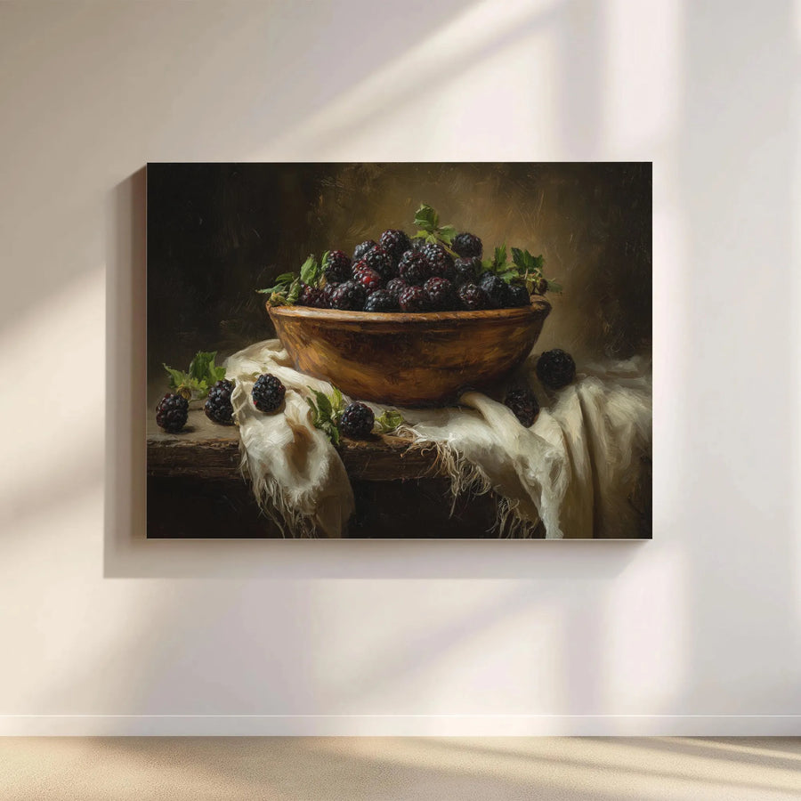 Rustic Blackberry Still Life Canvas Print | Vintage Oil Painting Style | Premium Gallery Wrap | Farmhouse Kitchen Decor Gift