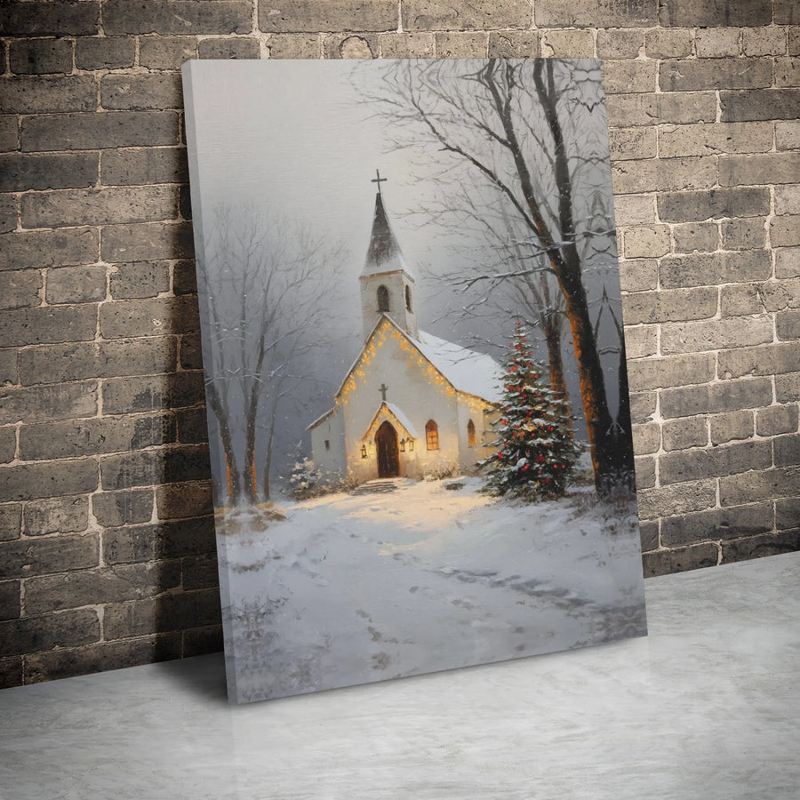 Winter Church Canvas Art | Snowy Christmas Landscape Print | Premium Gallery Wrap Wall Decor | Religious Holiday Home Gift