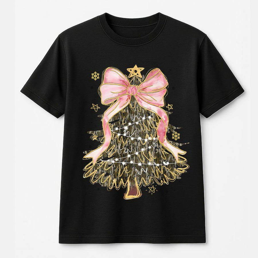 Camo Christmas Tree T-Shirt | Coquette Pink Bow Aesthetic Graphic | Premium 100% Cotton | Cute Holiday Gift For Her