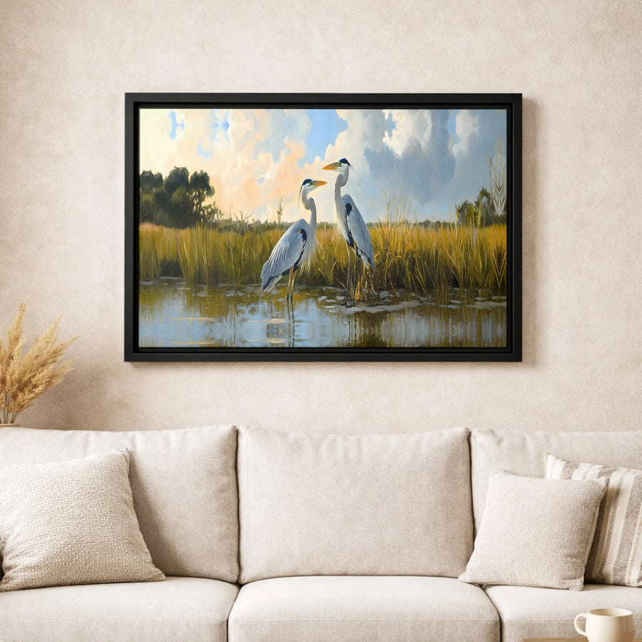 Great Blue Heron Wall Art | Coastal Marshland Landscape Print | Premium 1.25" Gallery Wrapped Canvas | Nature Lover Home Decor Gift