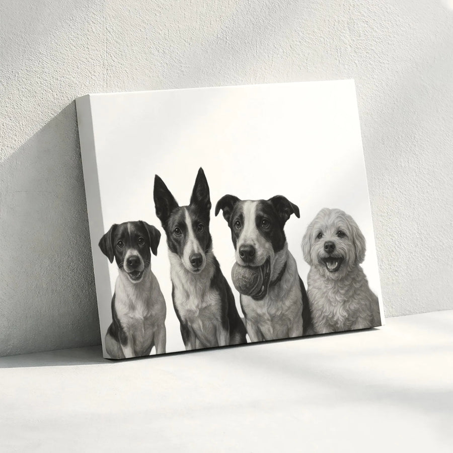 Four Dogs Portrait Canvas Wall Art | Black and White Sketch Print | Premium Gallery-Wrapped 1.25" Profile | Dog Lover Home Decor Gift