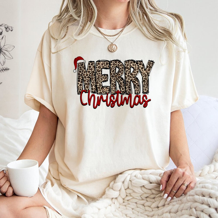 Leopard Print Merry Christmas T-Shirt | Santa Hat Holiday Graphic Tee | Premium 100% Cotton | Festive Gift for Women & Men