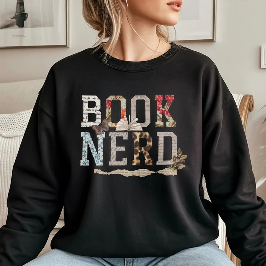 Book Nerd Sweatshirt | Retro Collage & Floral Letters | Premium Cotton | Gift for Book Lovers, Readers & Librarians