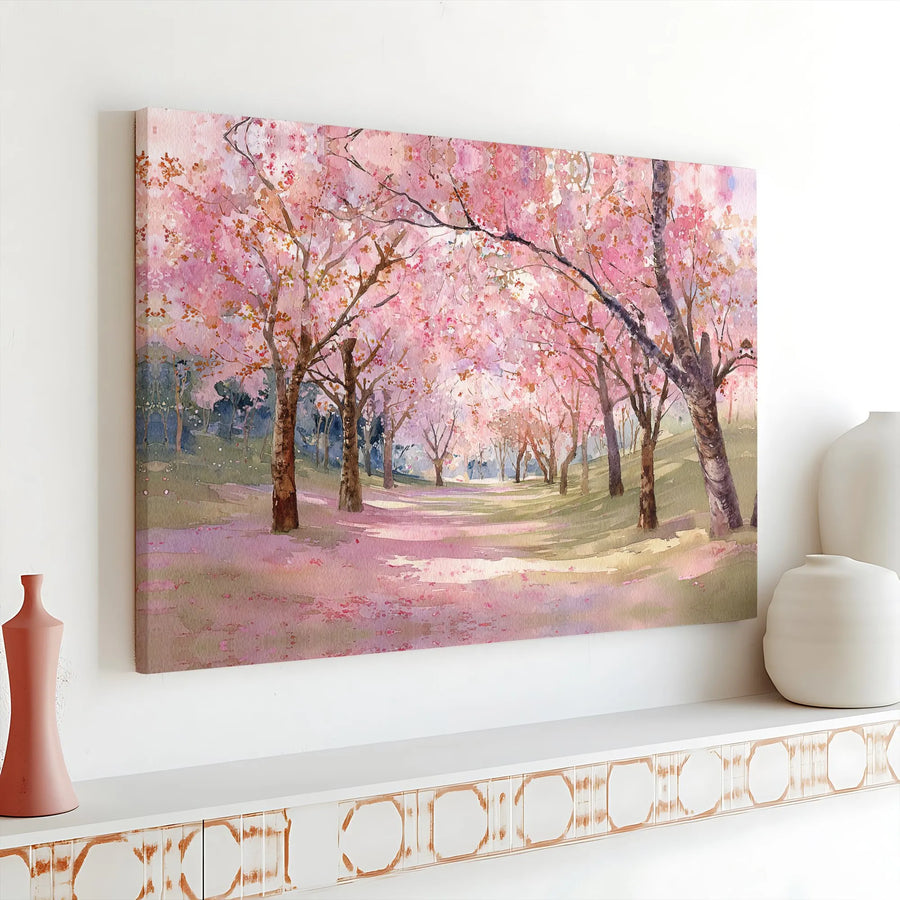 Cherry Blossom Canvas Wall Art | Watercolor Japanese Garden Scene | Premium Gallery Wrapped Canvas | Serene Living Room Decor Gift
