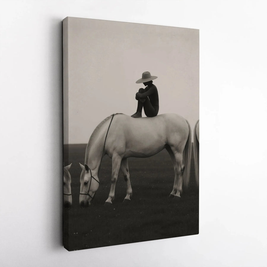 Horse Riding Wall Art | Minimalist Black and White Equestrian Portrait | Premium Gallery Canvas | Western Home Decor Gift
