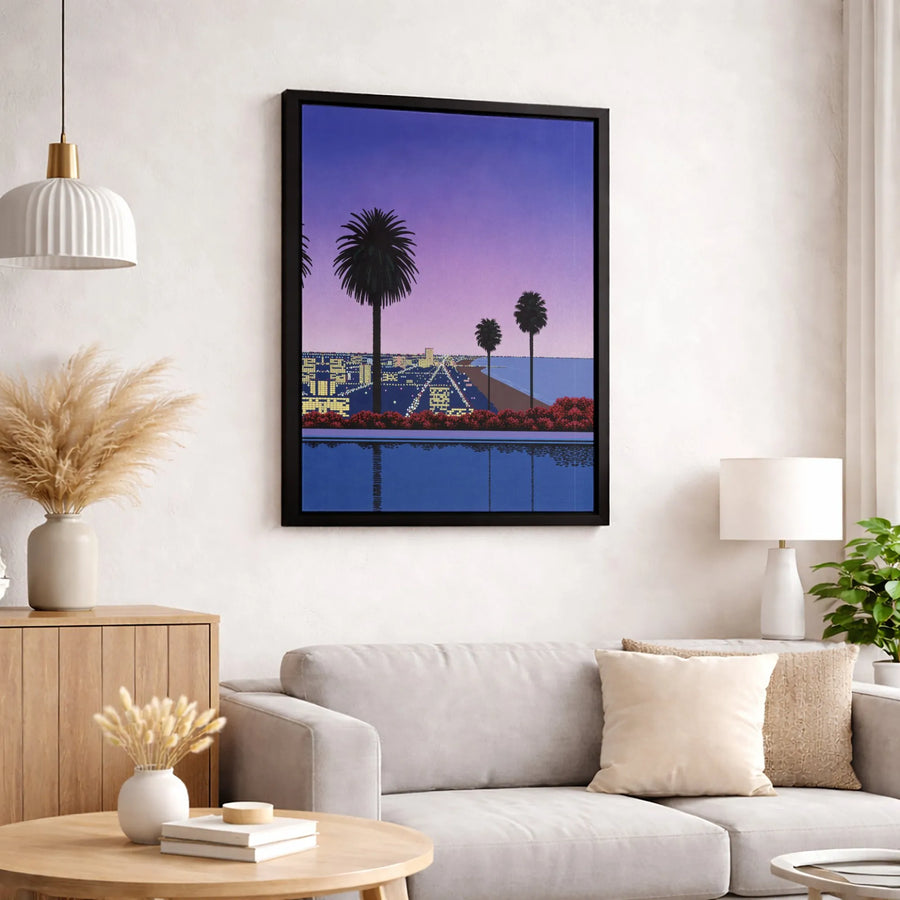 Retro Coastal City Canvas Art | 80s Vaporwave Palm Tree Sunset | Gallery Quality 1.25 Inch Thick Profile | Modern Minimalist Home Decor Wall Print